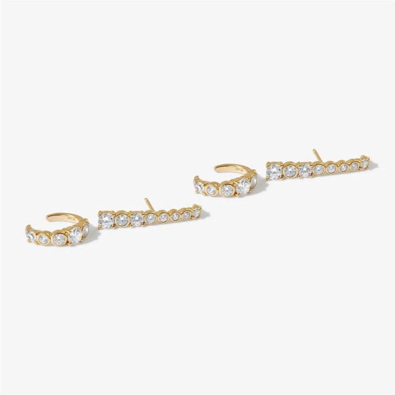 14K Gold Plated Brass Cascading Crystals and Unique Bezel Claw Setting Earrings and Ear Cuff for Women