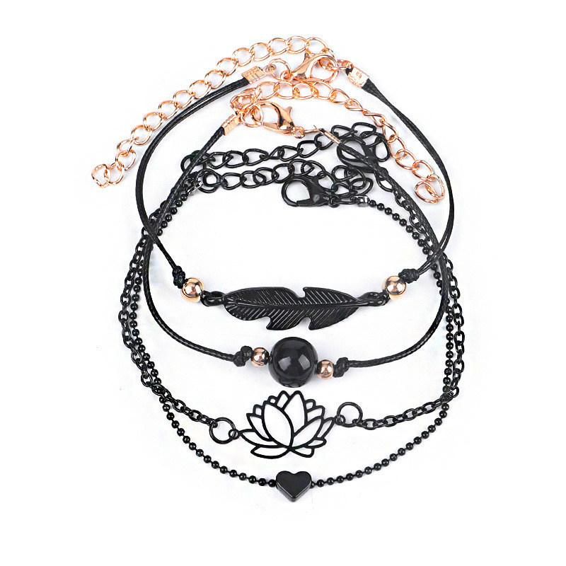 4 Rows Black Thread Cording Multiple Hand Bracelet with Leaf Lotus Heart Charm Bracelet for 2022 Women Fashion Jewelry