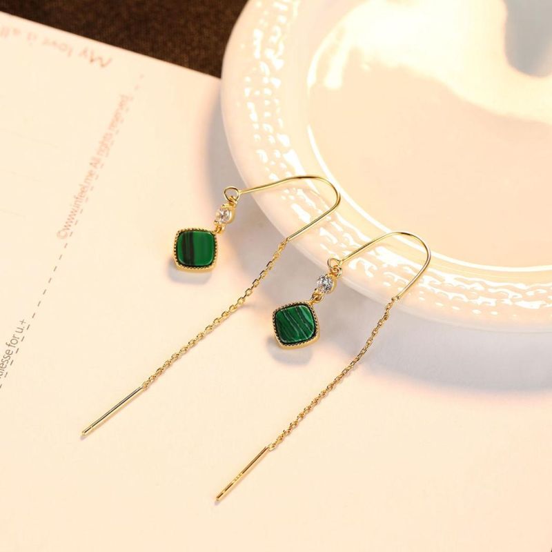 European Fashion 14K Gold Style Long Drop Earrings Dark Green Jewelry