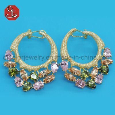 Luxury Geometric Silver or Brass Earring Colorful Gemstone with Cubic Zircon Eardrop