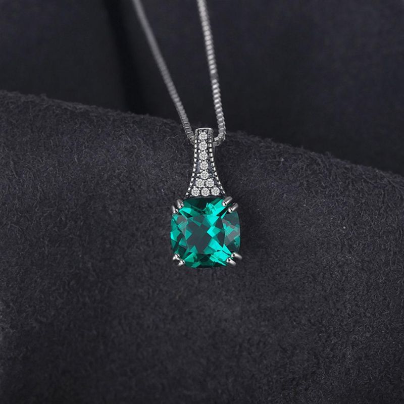 Cushion Nano Russian Simulated Emerald Pendant Necklace 925 Sterling Silver Jewelry
