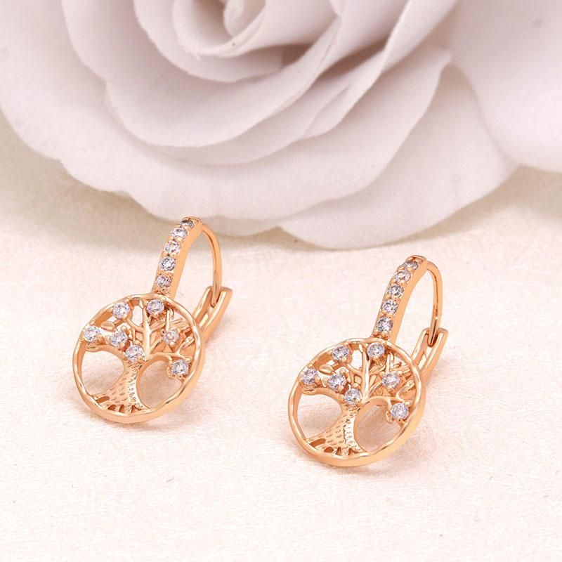Gold Plated Luxury Zircon Tree of Life Hanging Hoop Earrings