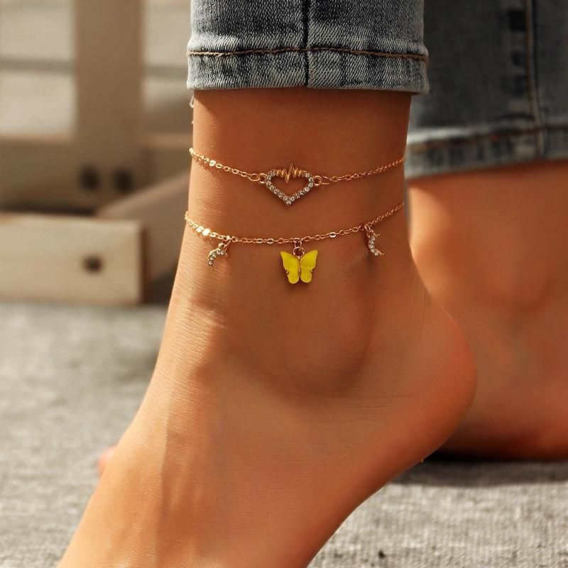 European and American Personality Diamond Love Anklets Foot Jewelry Peach Heart Acrylic Butterfly Anklet Women