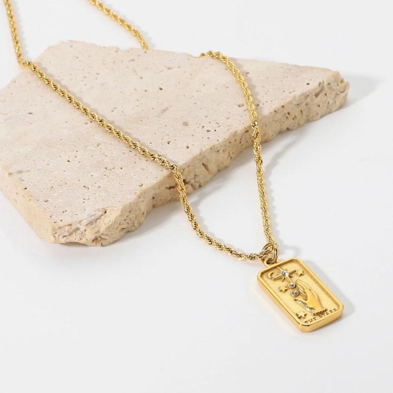 Factory Customized Fashion Hand Carved Zircon Gold-Plated Stainless Steel Rectangular Pendant Simple Necklace Jewelry