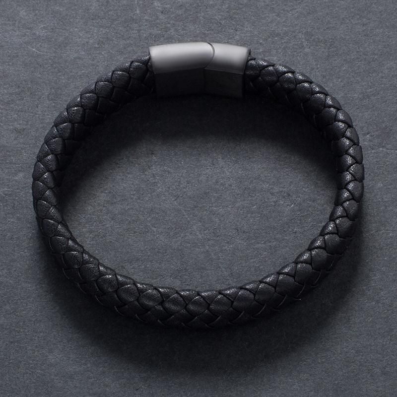 Men Wrist Band Black Magnetic Clasps Fashion Jewelry Braided Leather Bracelet