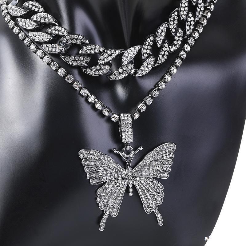 Double Layer Big Butterfly Pendant Necklace Full Rhinestone Women Jewelry