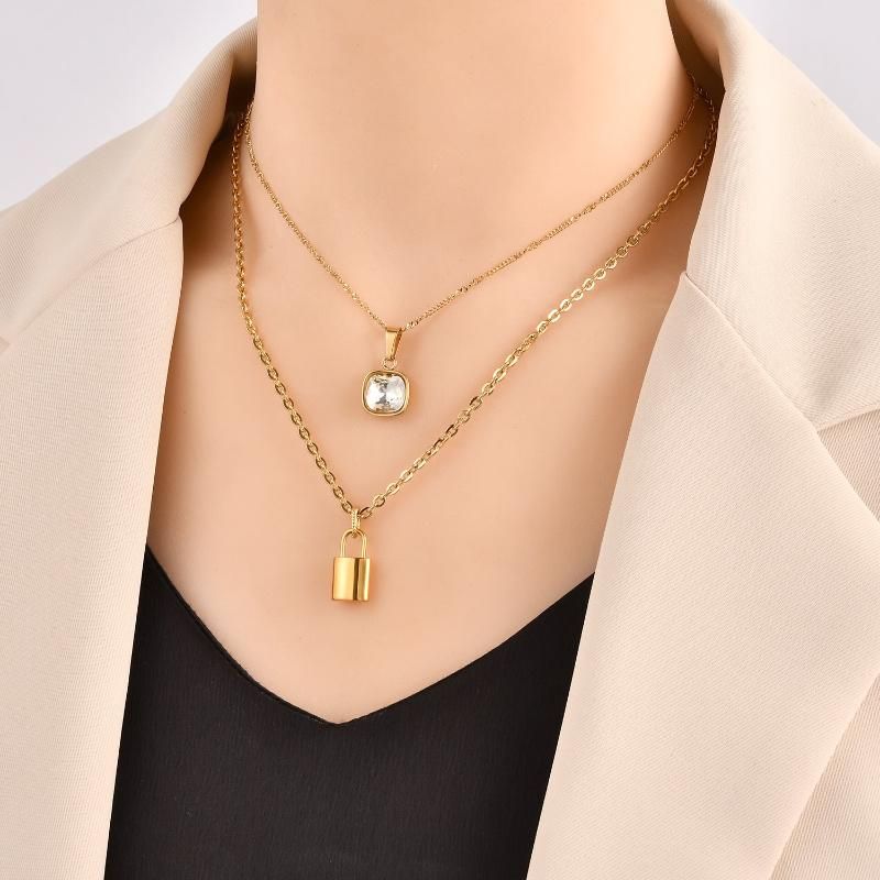 18K Gold Plated Necklace with Crystal Carat and Gold Lock Pendant Choker Layer Necklace for Women