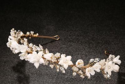 Bridal Wedding Pearl ceramic Flower Headband Tiara. Gold Crystal Wire Tiara