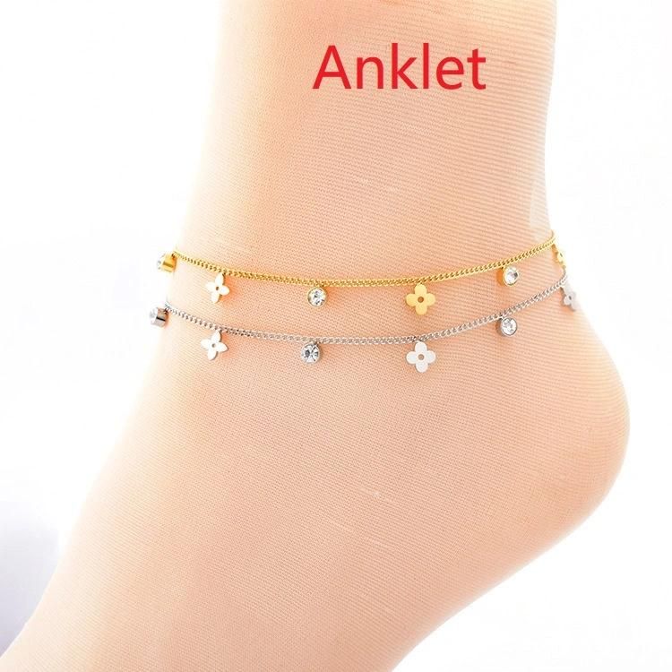 Manufacturer Customized Colorfast Anklet Waterproof Zirconium Clover Flower Stainless Steel Fashion Anklet Wholesale Replica Jewelry