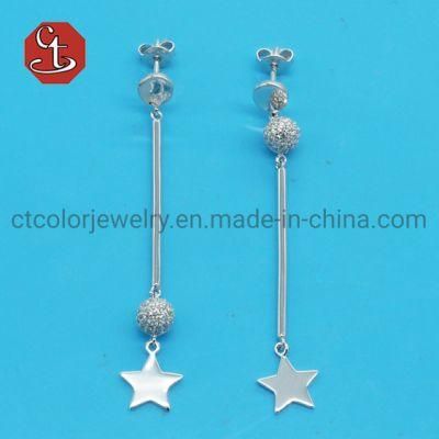 Popular Plain Long Hanging Dangle Star AB Unbalance Asymmetrical Earring CZ Ball Brass &amp; Silver Jewelry