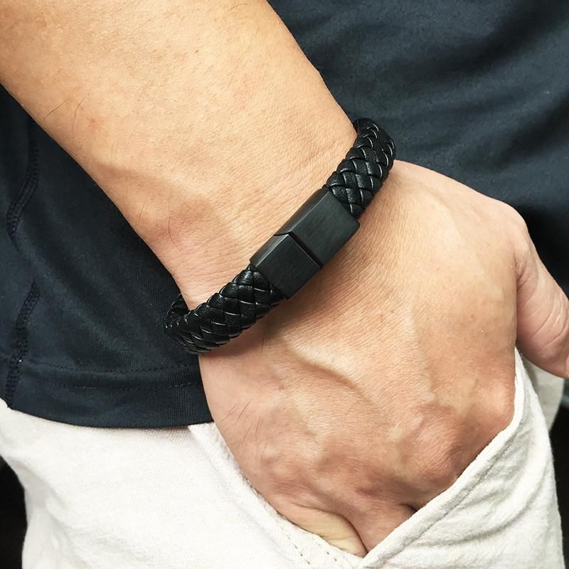 Men Wrist Band Black Magnetic Clasps Fashion Jewelry Braided Leather Bracelet