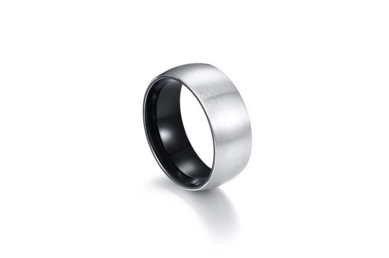 Titanium Steel Jewelry Wholesale 8mm Stainless Steel Bare Body Brushed Ring Steel+Black Men′s Ring SSR2415