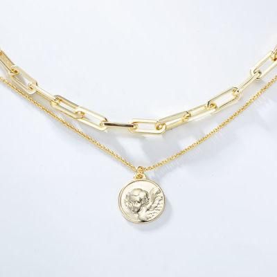 Fashionable Brass Pendant Double Paper Clip Chain Layering Disc Women&prime;s Necklace Boy Coin Jewelry