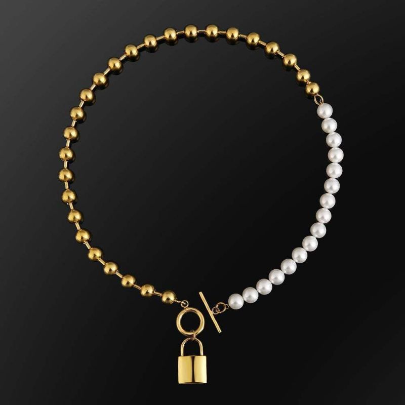 European and American Style Geometric Round Pearl Necklace Ins Ot Lock Pendant