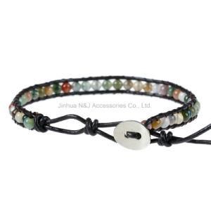 Leather Chain Natural Stone Beads Bracelet Rainbow Agate Chakra Bracelets