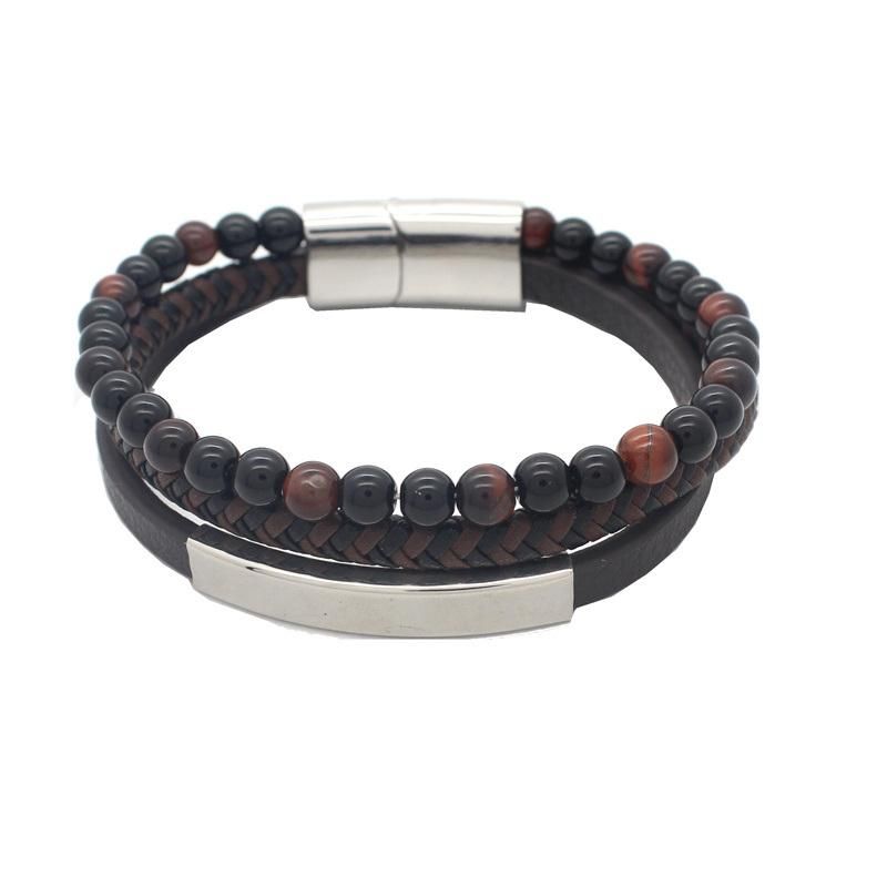 Tiger Eye Natural Stone Bead Braided Leather Bracelet Men Stainless Steel Jewelry