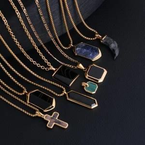 Fashion Men Stainless Steel Jewelry Pendant Druzy Natural Agate Stone Gemstone Necklace
