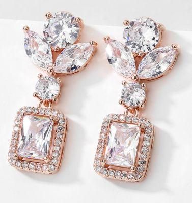 Rose Gold Earring Necklace Jewelry, Bridal Wedding CZ Earring Necklace Jewelry, Bridesmaid Earring