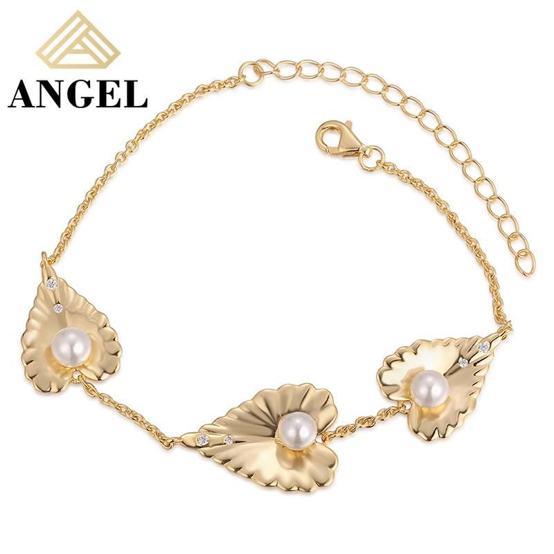 Fashion Jewelry Fashion Accessories Gold Plated Leaf Shape Pearl Ball Hip Hop Jewellery CZ Moissanite Bracelet