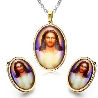 Customized Jesus Necklace Enamel Print Stud Earring Jewelry Set