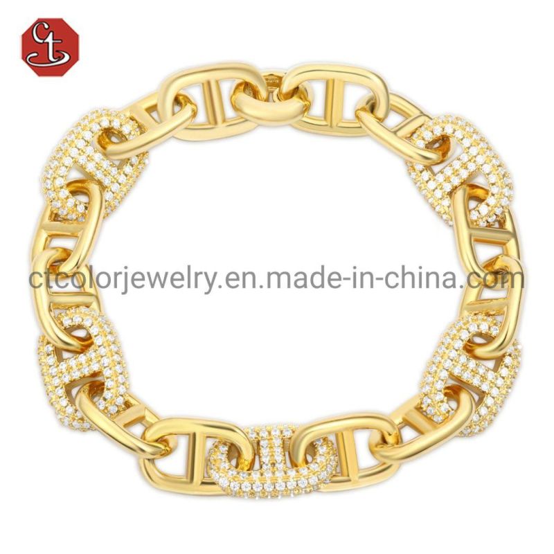 Best jewellery online 14K Gold plated Serial buckle  Hiphop big CZ pave plain accessory interlink  Brass silver Jewelry man Bracelet