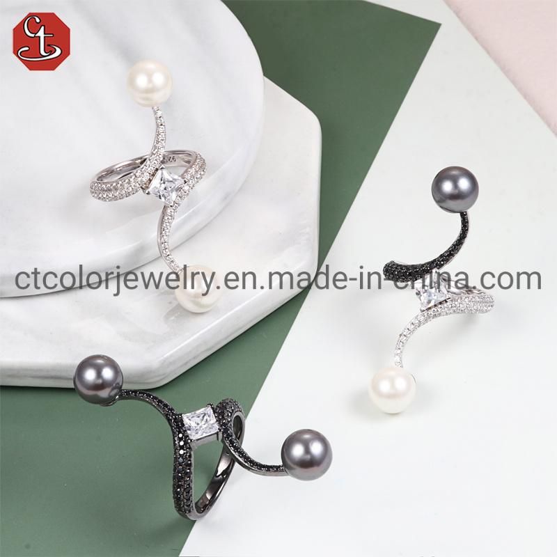 Wholesale Price 925 Silver Black Plating Shell Pearl Fashion Ring