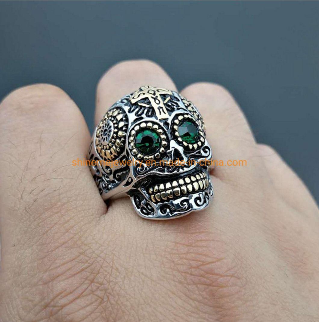 Titanium Steel/Stainless Steel Tibetan Carved Gabala Green Eyes Skull Punk Ring for Men Sgmr2619