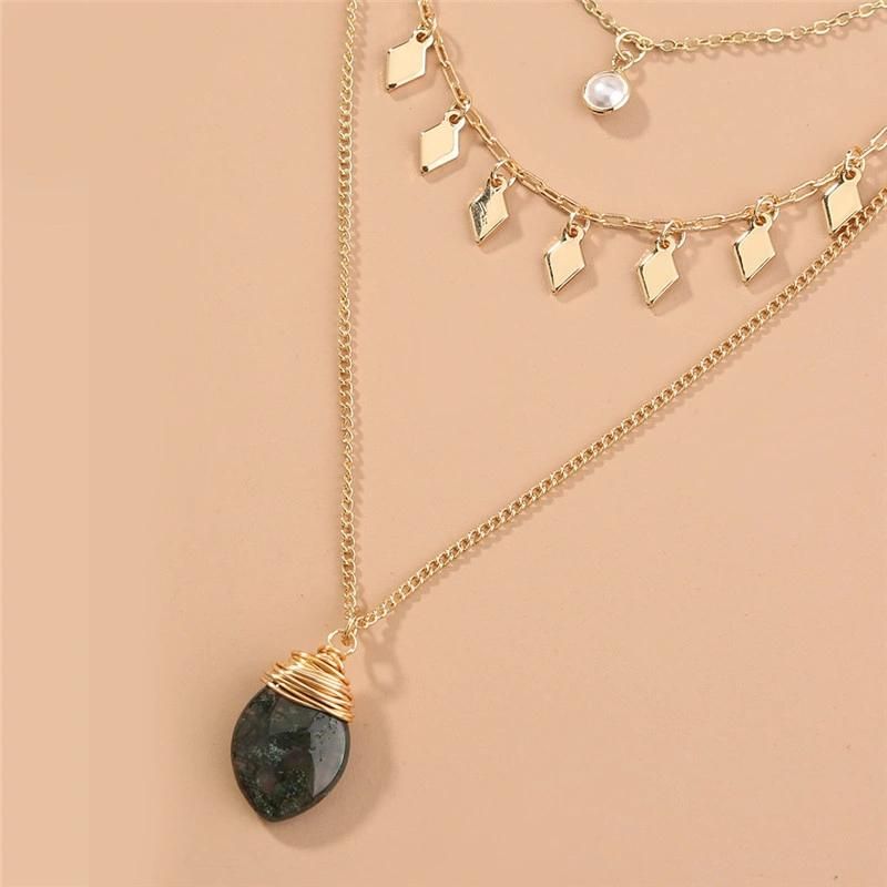 Elegant 3 Layered Necklace Glossy Natural Black Water Tear Shape Agate Semipreciouse Pendant Round Pearl Diamond Shape Chain Multiple Necklaces