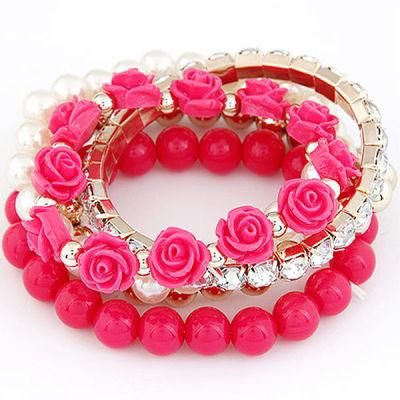 Fashion Jewelry Bohemian Ethnic Style Pearl Roses Multi-Layered Stretch Bracelet