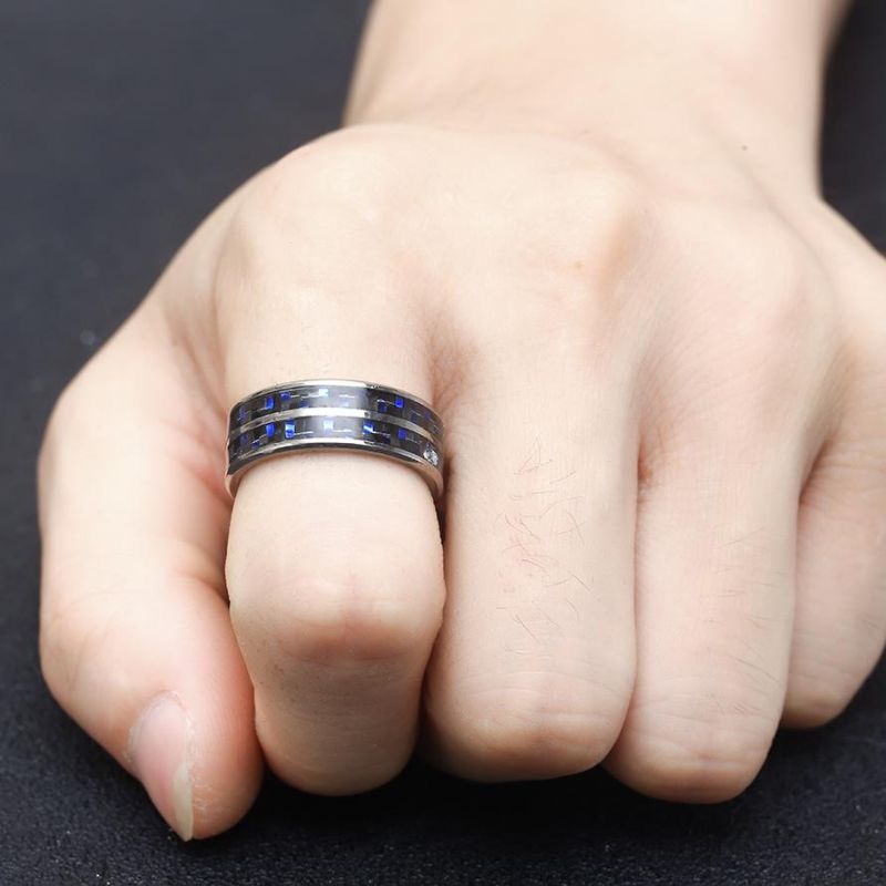 Black Blue Carbon Fiber Inlay Fits Comfortably on a Stainless Steel Ring for Men′s Wedding Rings