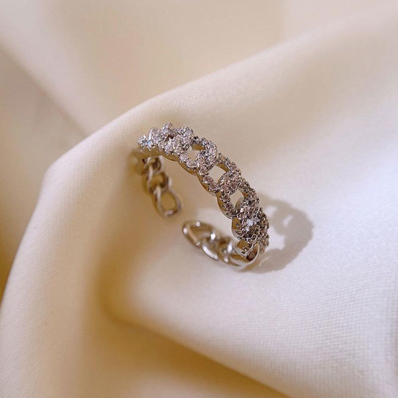 Real 18K Gold Plated Rhinestone Chunky Chain Finger Open Ring Pave Diamond Adjustable Chain Rings