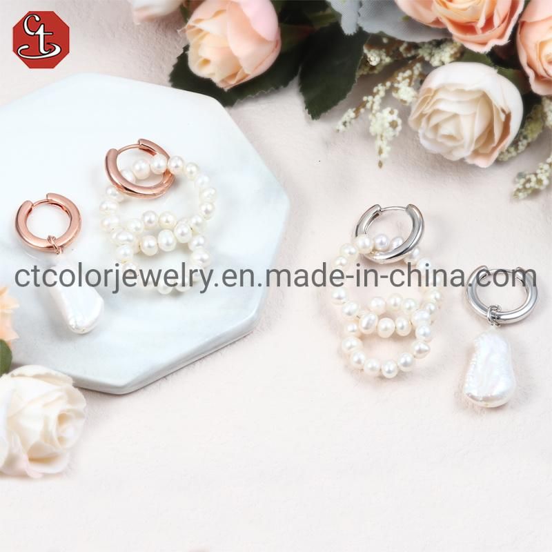 Fashion Jewelry Silver Earring with Freshwater Pearl double Drop Design Hoop Earring