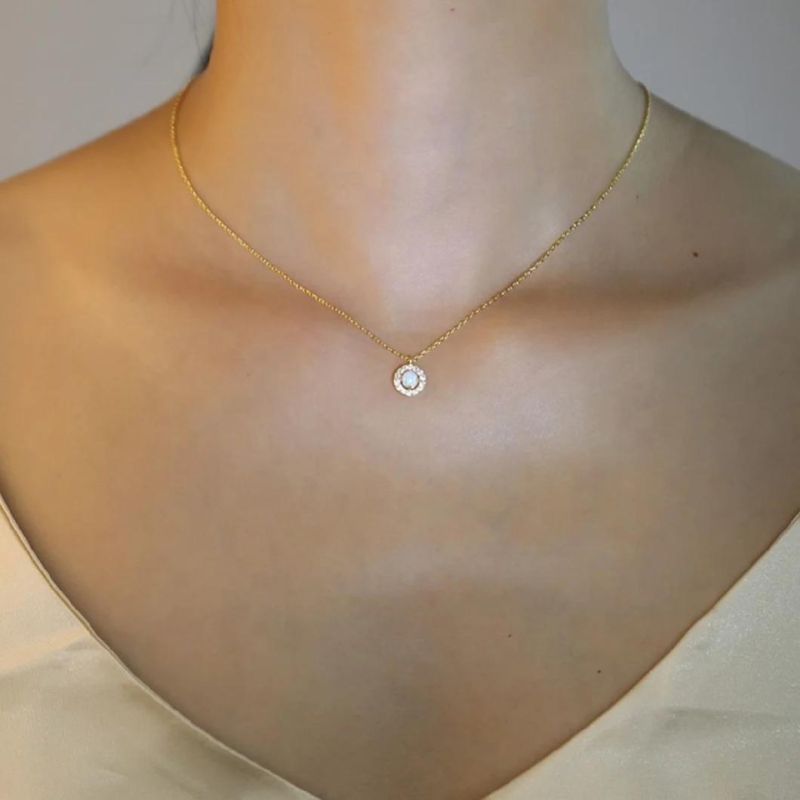 925 Silver Jewelry Opal Stone Circle Zircon Pendant Clavicle Chain Necklace for Women Wedding Fashion Jewelry