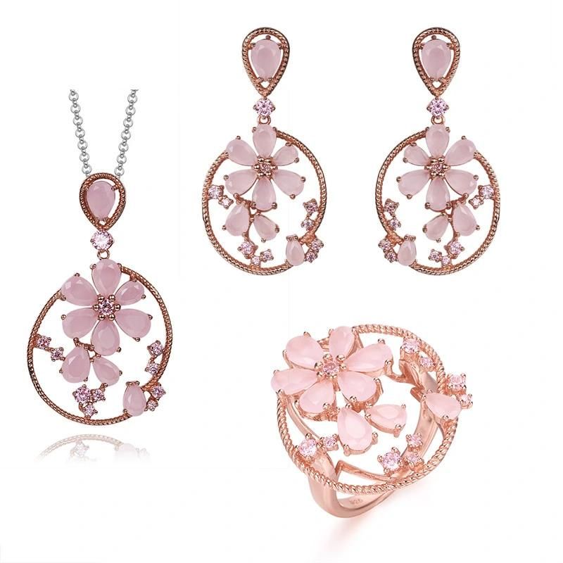 2022 Fashion Silver or Brass Pink Glass Flower Earring Pendant Women Jewelry Set
