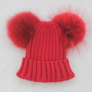 Knit Baby Hats with Raccoon Fur POM Ball Top Beanies