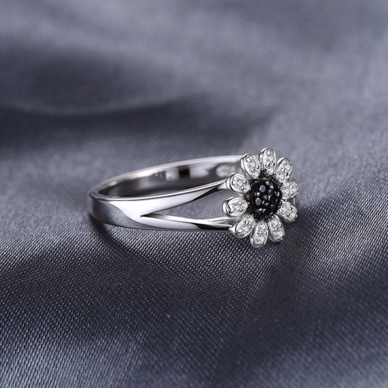 Fashion Jewellery Flower Round Genuine Black Spinel Ring Sterling Silver Jewelry