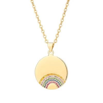 Custom Fine Jewelry Rainbow Stone 925 Sterling Silver Medal Colorful Zircon Disc Round Coin Pendant