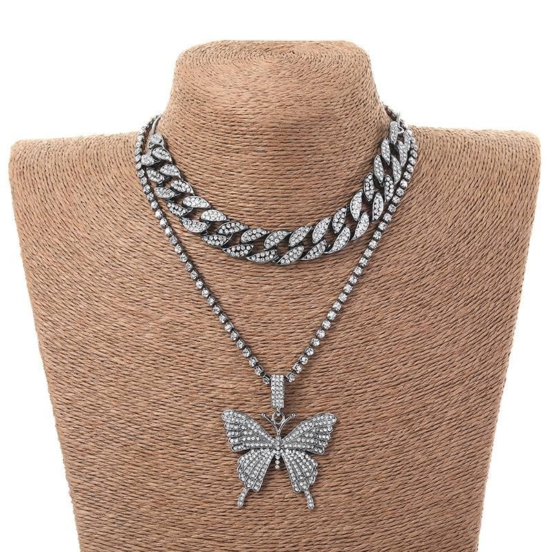 Double Layer Big Butterfly Pendant Necklace Full Rhinestone Women Jewelry