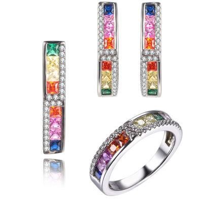 925 Silver Wholesale Earrring Pendant Ring Fancy Rainbow CZ Jewelry Sets for Ladies