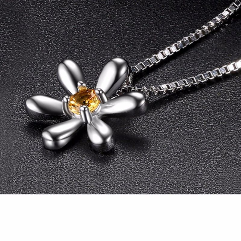 925 Sterling Silver Flower Pendant Necklace Created Orange Sapphire Fashion Jewelry Wholesale