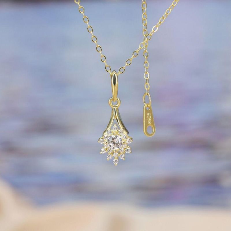 925 Sterling Silver 14K/18K Gold Plated Crystal Flower Pendant Clavicle Chain Necklace Women Wholesales Jewelry