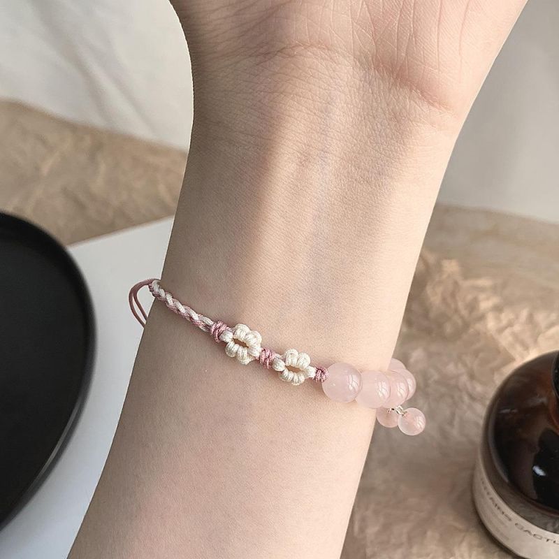 Natural Pink Crystal Bracelet 925 Sterling Silver Braided Bracelet