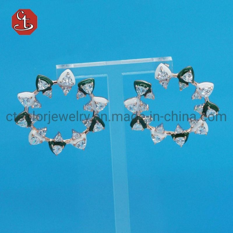 Women Girl Gift Fashion White Black Color Enamel Sapphire Glass CZ Cubic Zirconian Hoop Earring Fashion Sterling 925 Silver Jewelry