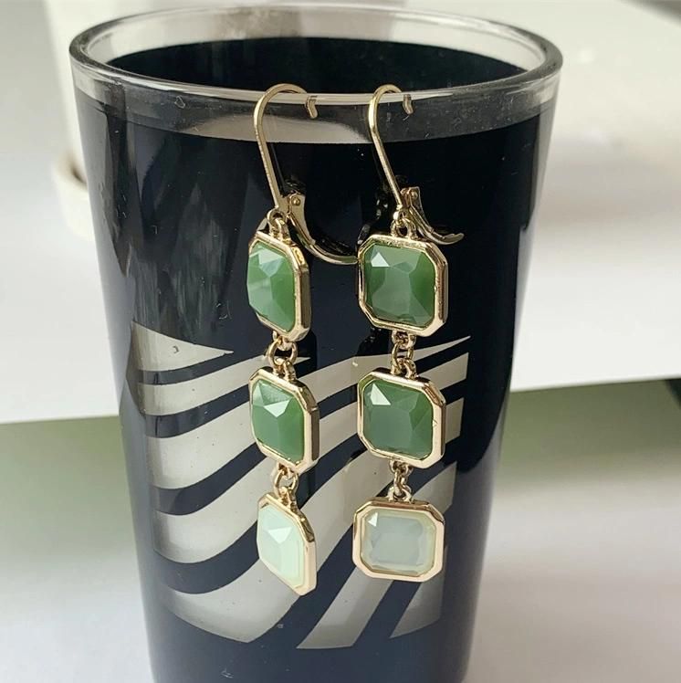 Retro Stylish 3 Squares Long Drop French Fishhook Earring in Green Color for Women Clothing Accessories