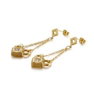 Double Lock Tassel Long Gold Plated Stainless Steel Earrings Stud