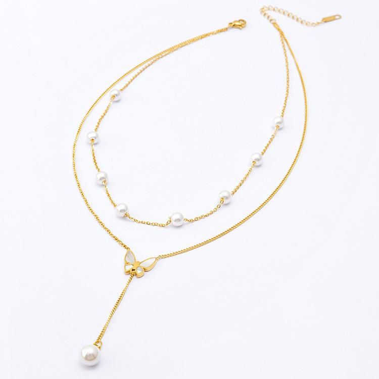 Factory Wholesale Fashion Jewelry Fashion Jewelry Double-Layer Chain Stainless Steel Plated Double-Layer Pearl Necklace