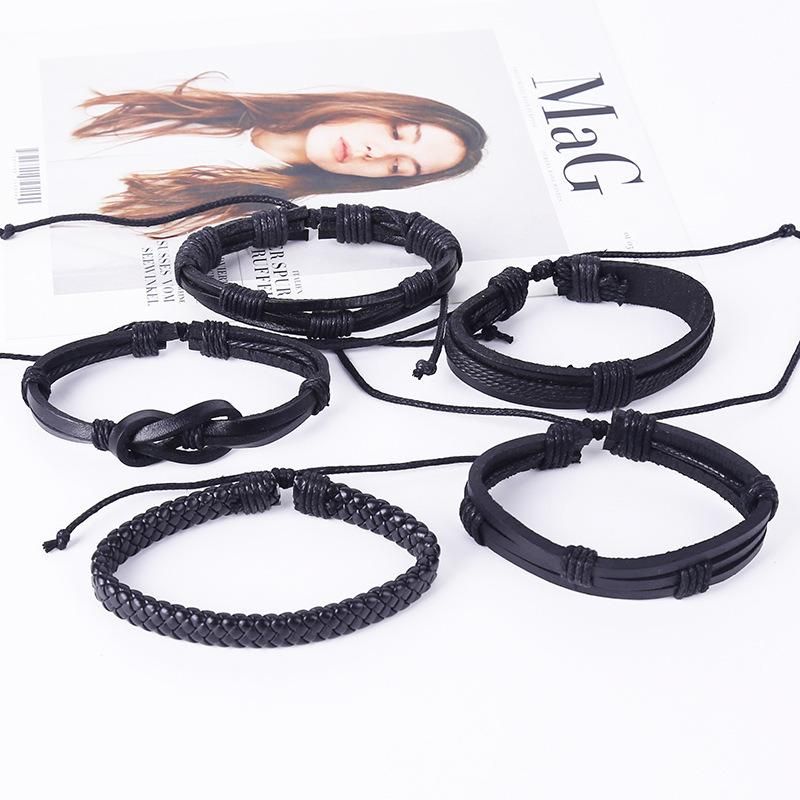 Europe and America Simple Retro 5 Pieces Bracelet DIY Woven Cowhide Bracelet Punk Bracelet Men′ S Hemp Rope Leather Bracelet