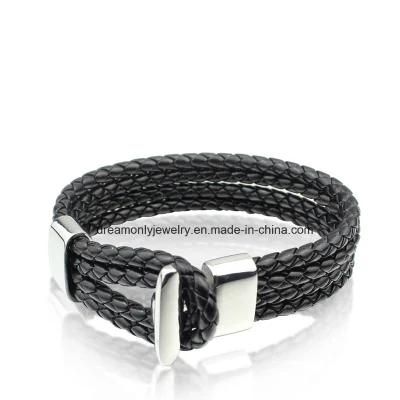 Fashion Jewelry Scripture Stainless Steel Bracelet Three-Ring PU Leather Steel Clasp Bracelets for Men