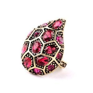 Fashion Big Red Stone Tear Drop Ring Chic Rhinestone Water Dripping Rings