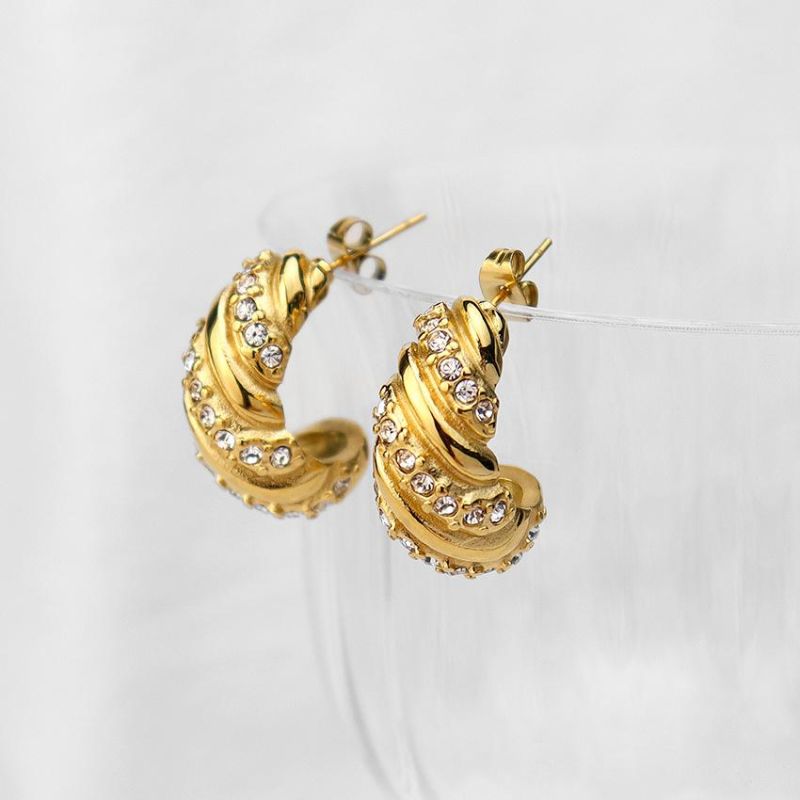 Stainless Steel Jewelry 18K Gold Plated Diamond Gong Hoop Earrings